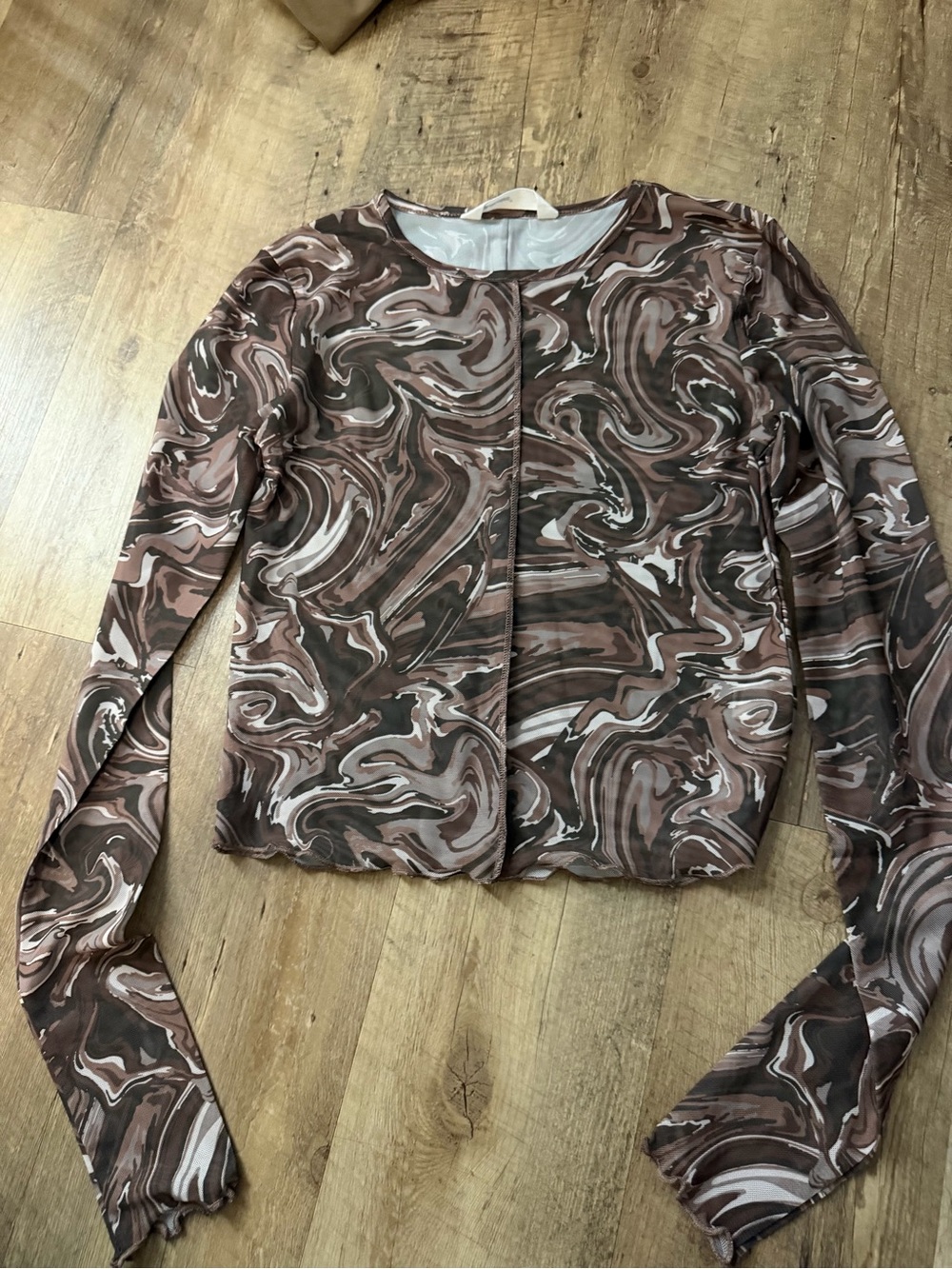 Bluenotes Marble-Print Long Sleeve Top in Brown and Cream